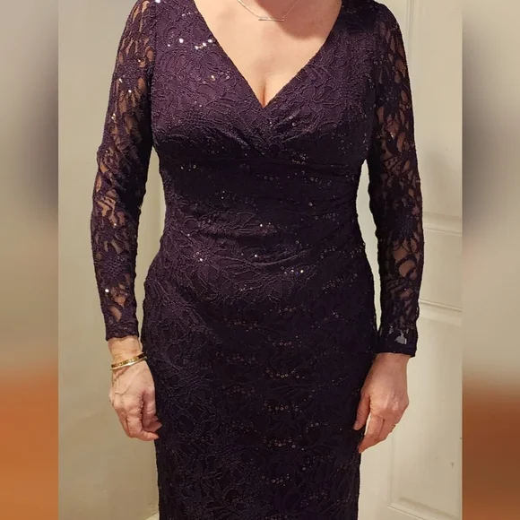 Lauren Ralph Lauren Evening Gown Dress Lace Sequin Plum Purple - Picture 2 of 9
